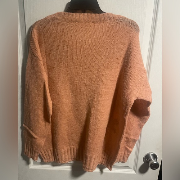 Peach Soft Fuzzy Lightweight Knit Sweater with Floral Knitted Details, Crew Neck - Picture 10 of 13